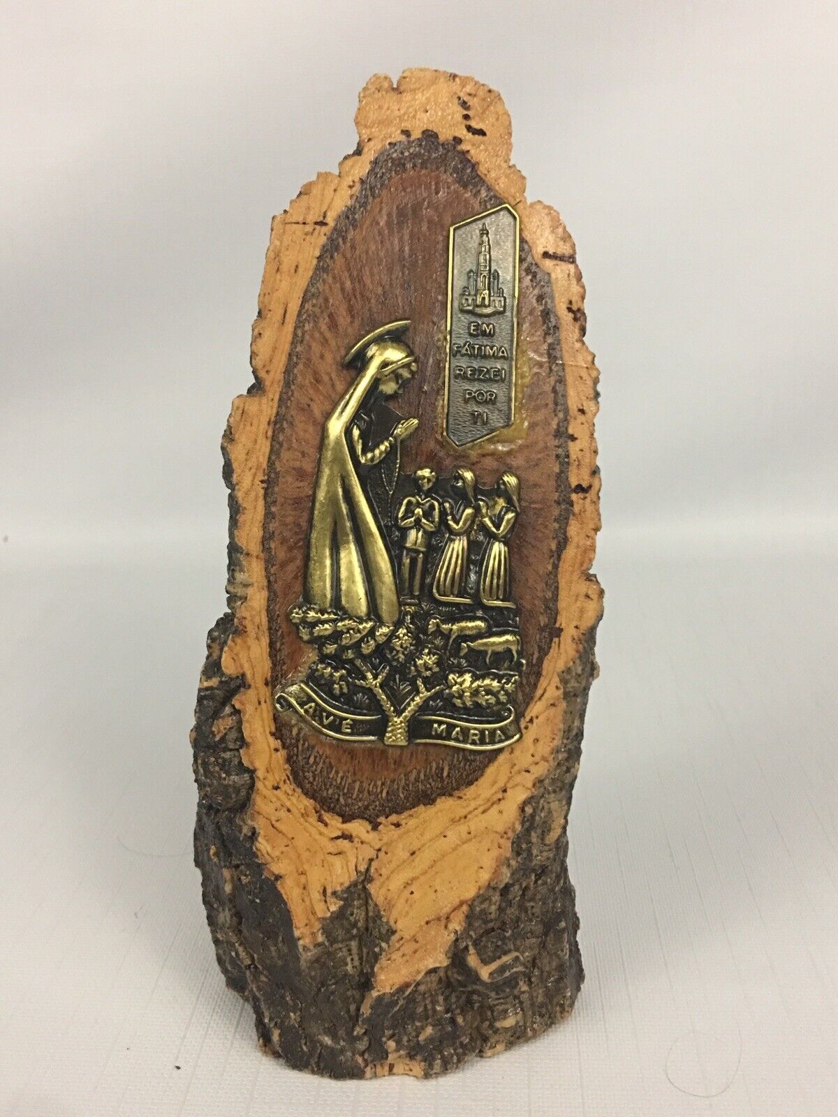 Vtg VIRGIN MARY Ave Maria Metal Wood Cut 7” Tree Slab Religious Plaque Statue