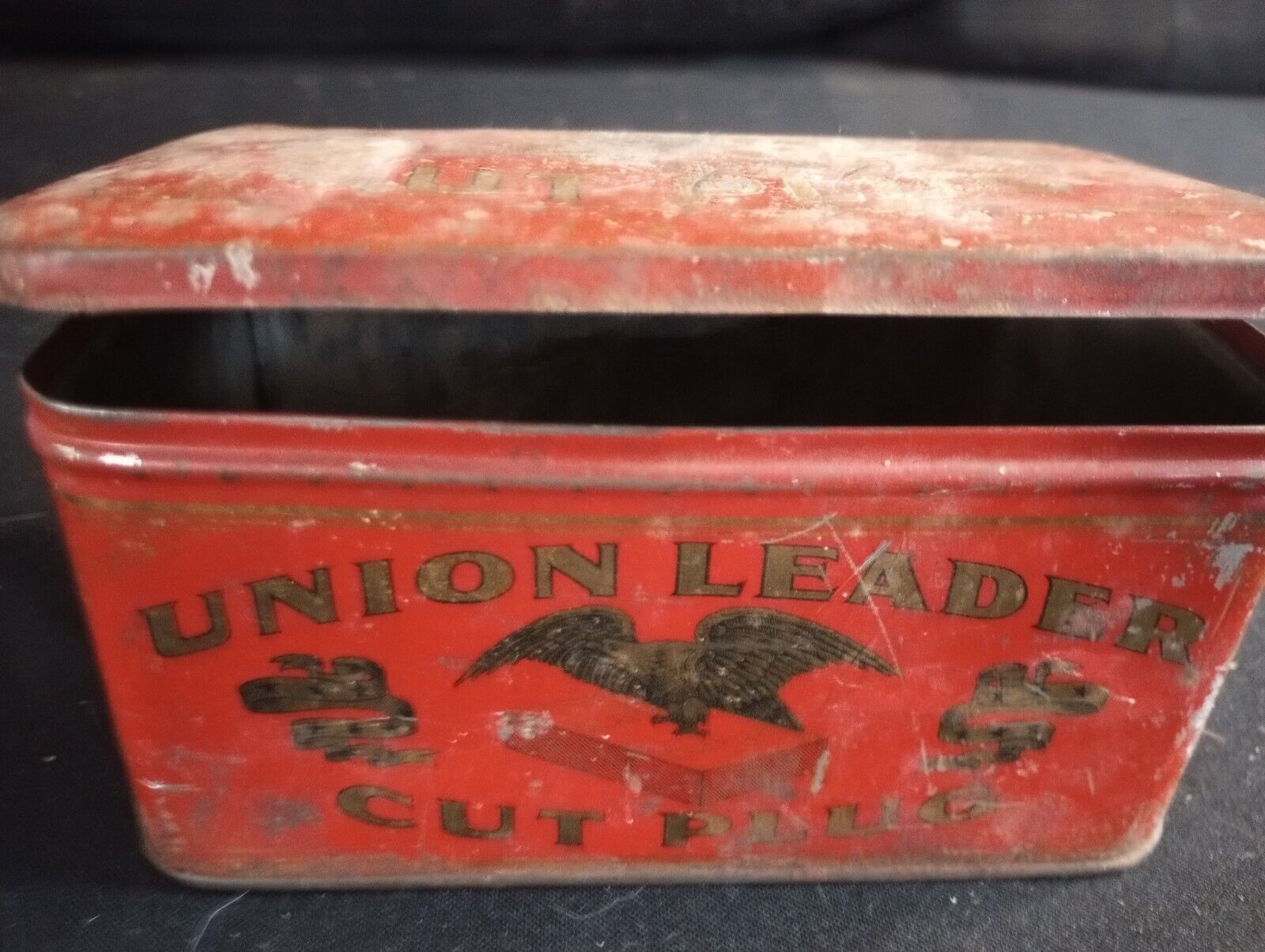 Vintage Antique Union Leader Cut Plug Tobacco Tin Can Red Gold Eagle Collectible