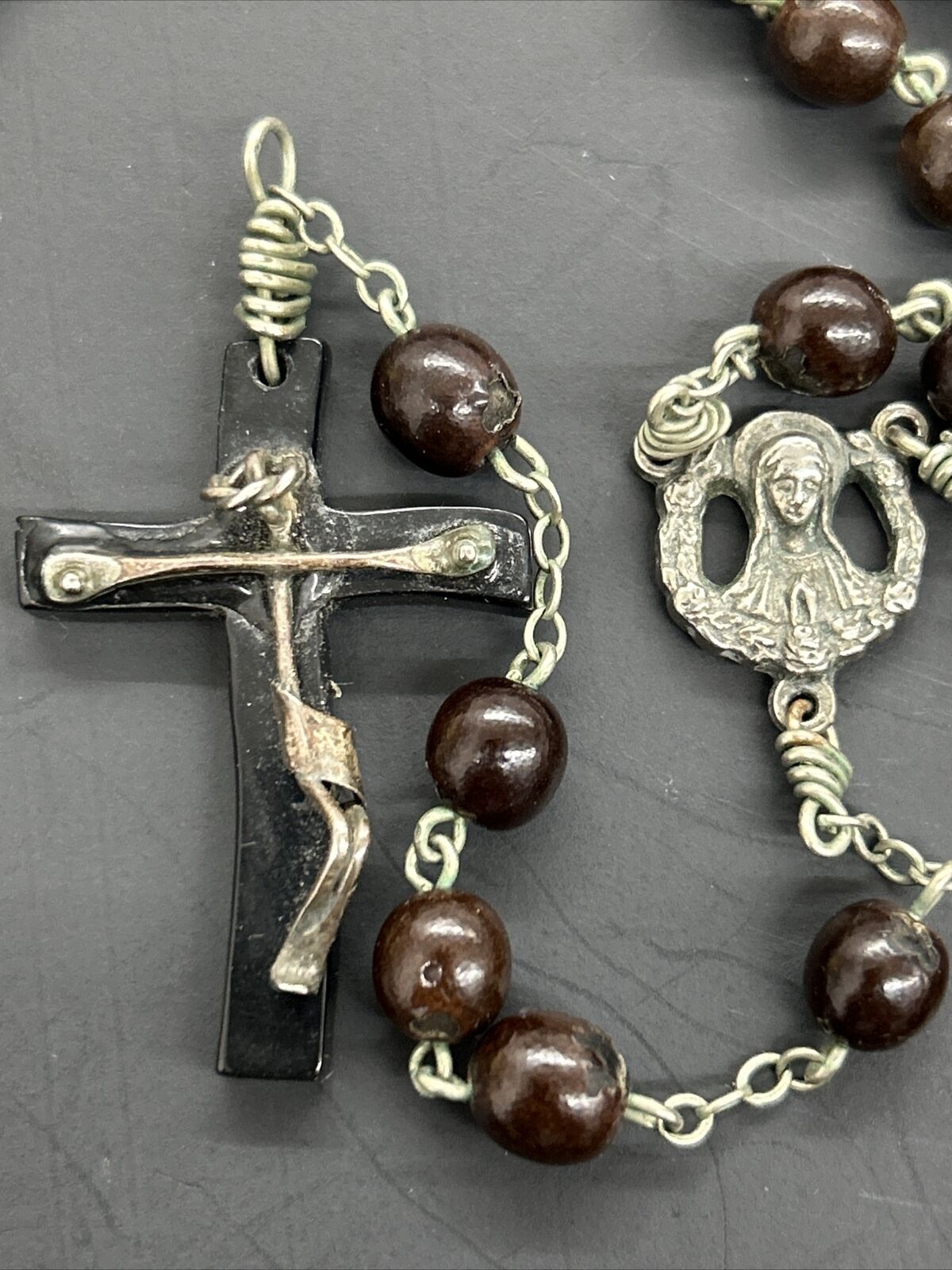 Vintage Madonna Center Rosary 1-1/2” Tall Abstract Crucifix Brown Seed Beads K8