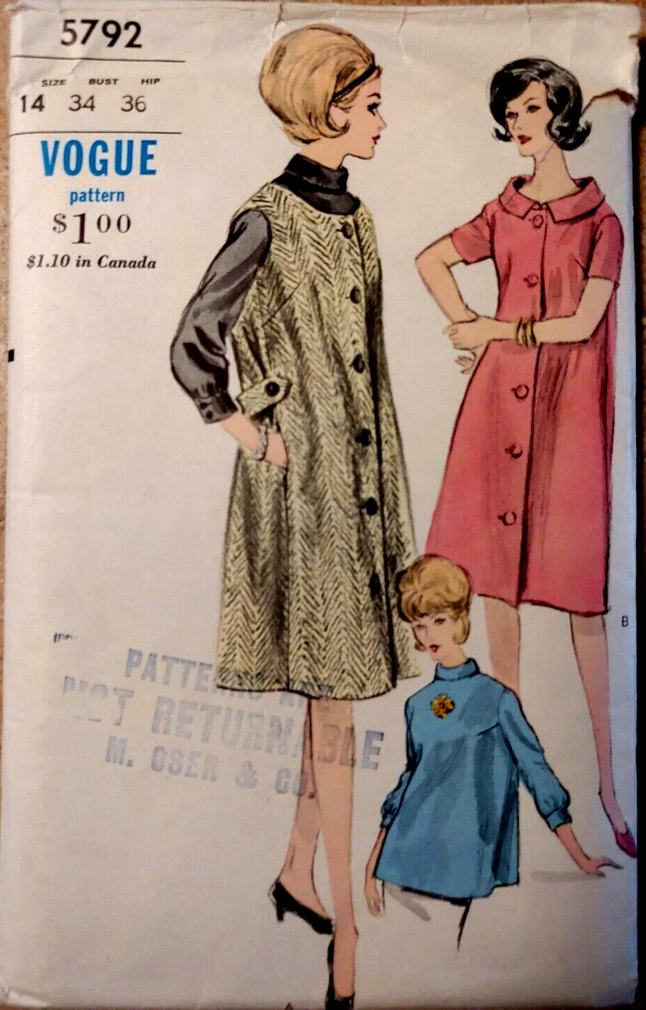 NEW Vtg 1960's Vogue #5792 Maternity Dress Jumper & Blouse Sz 14 Bust 34 Hips 36