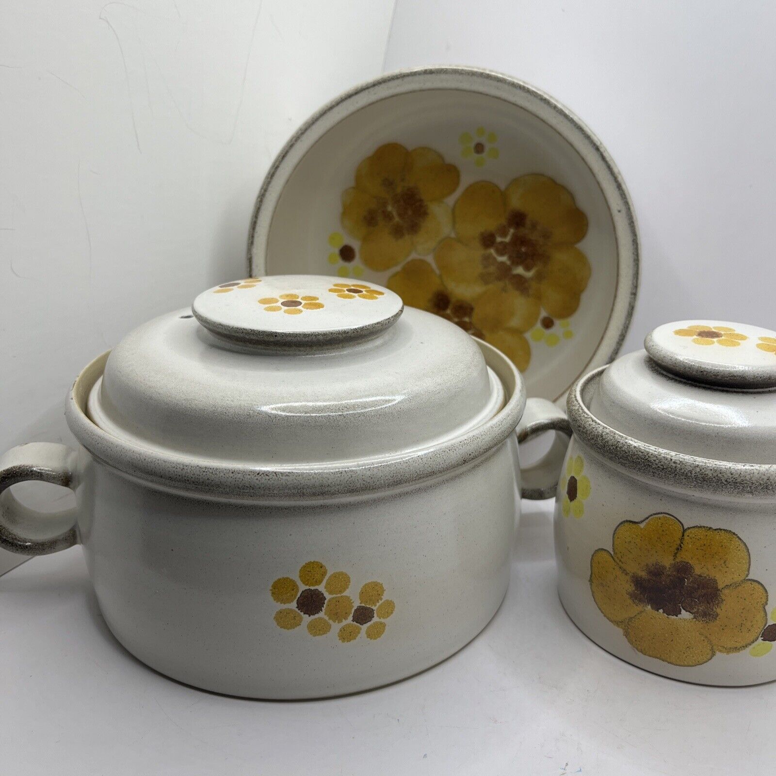 Vtg 1970s 60s Denby England Boho Flower Stoneware Lid Casserole Dish Bowl SET 3