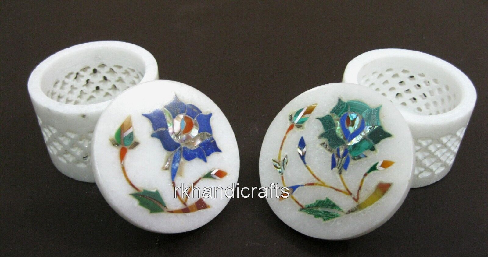 Set of Pieces Floral Pattern Inlay Work Trinket Box Marble Ring Box 2.5 Inches