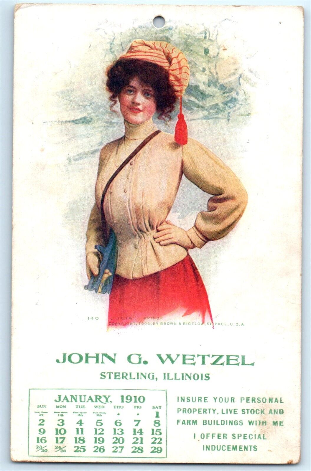 1910 January Calendar Brown & Bigelow John Wetzel Sterling, IL Postcard PP