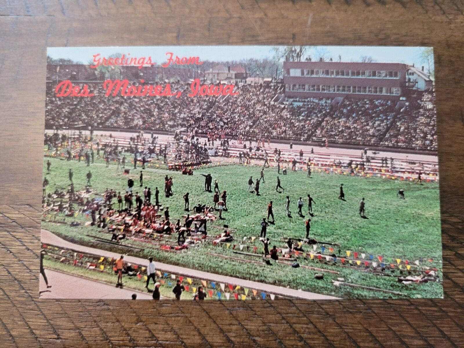 Postcard IA Iowa Des Moines Drake University Relays Stadium Scene