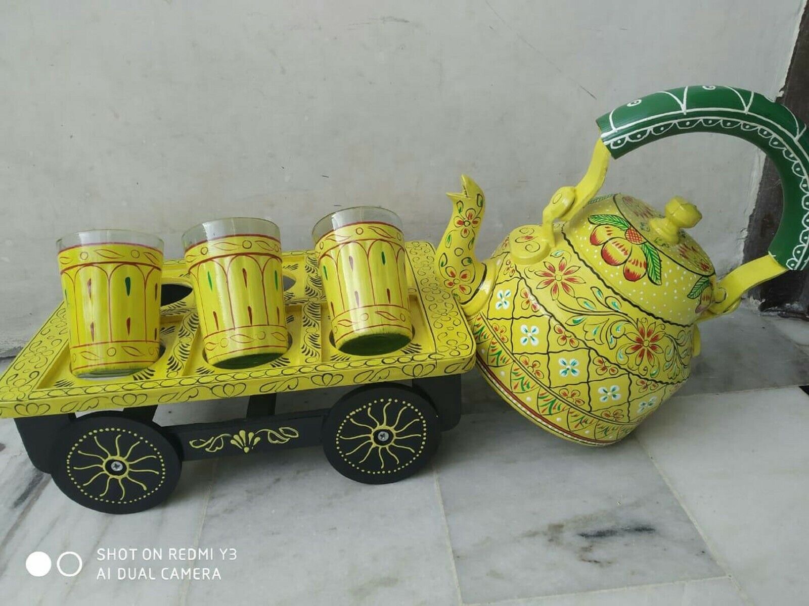 Yellow Hand Painted Indian Tea Kettle With 6 Glass Set Kitchen Pot Showpieces