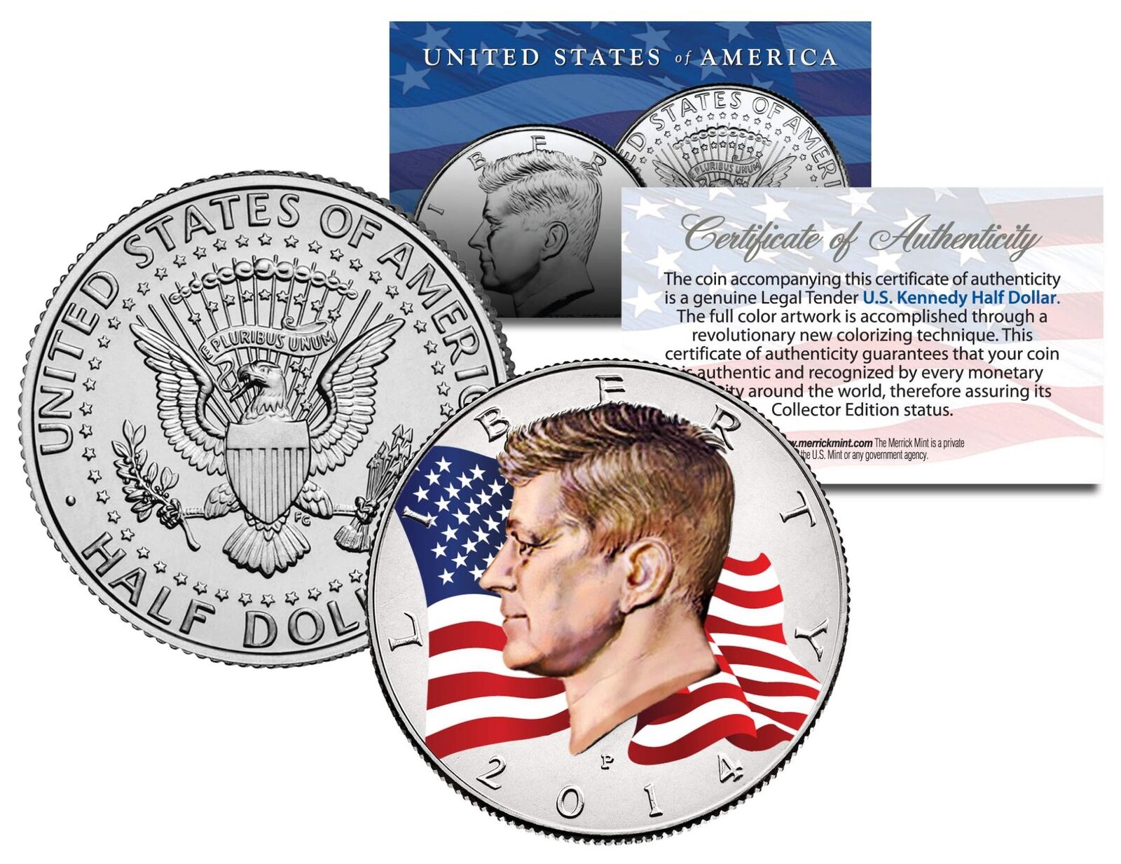 Colorized * FLOWING FLAG * 2014 JFK John F Kennedy Half Dollar U.S. Coin P Mint