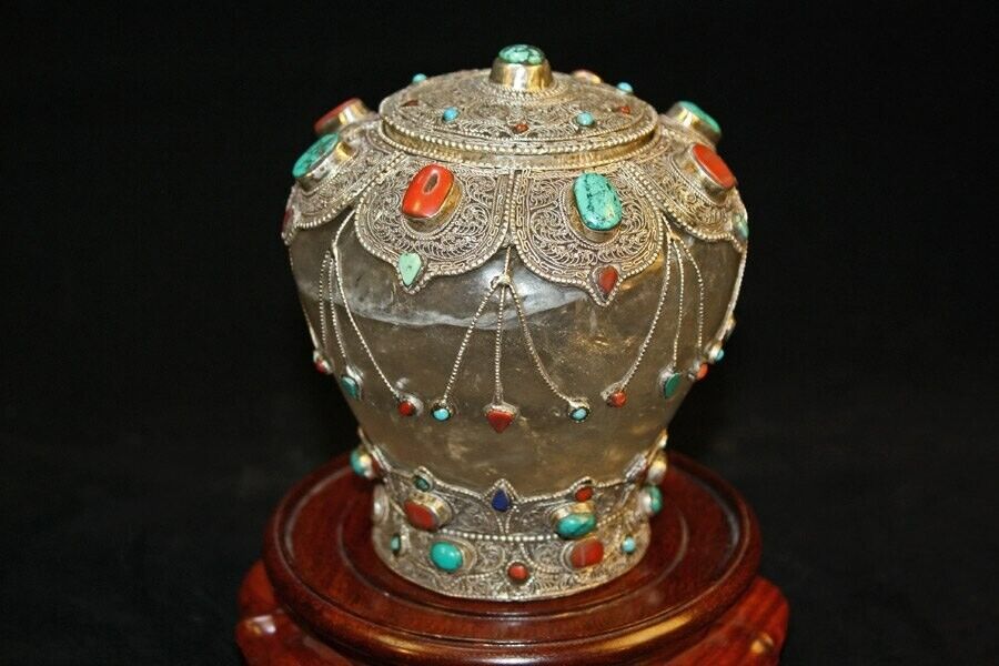  92.5% Silver,100% Crystal and Stone Gupla. Beggers/Offering Pot.Vessel. Nepal