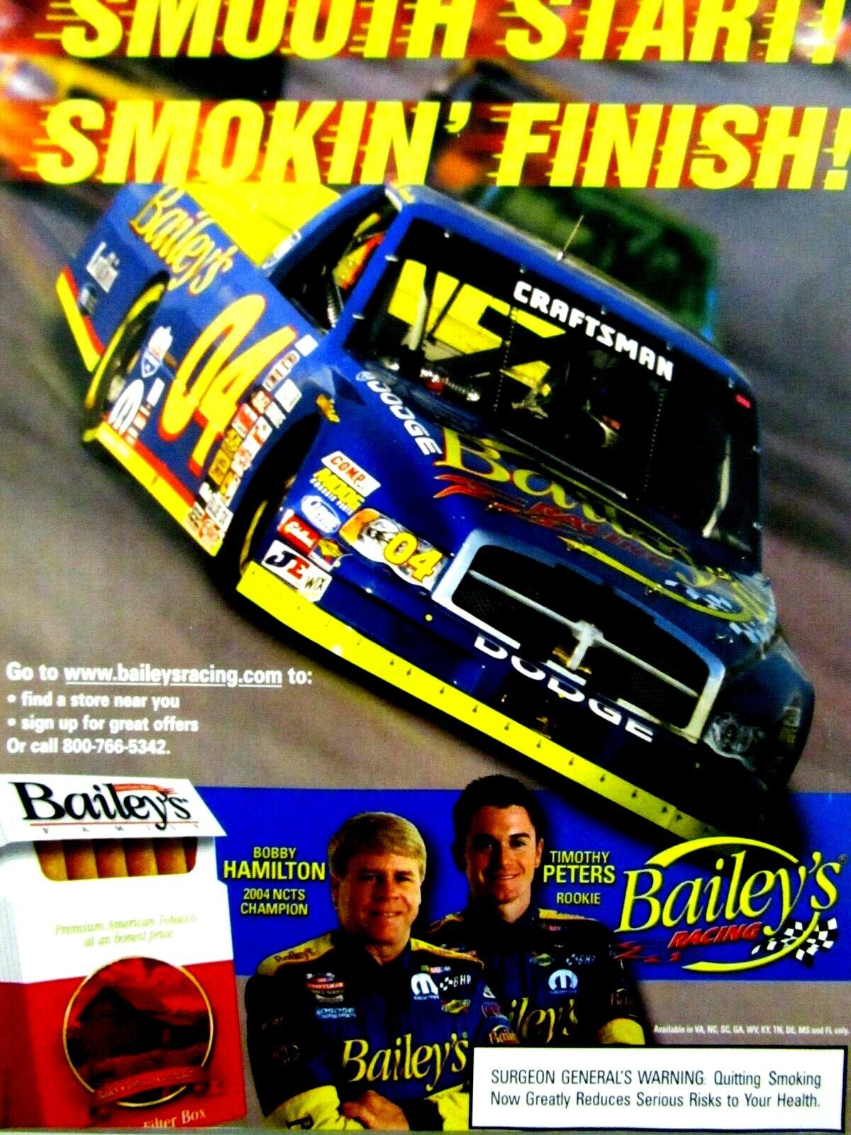 Bobby Hamilton & Tim Peters Bailey\'s Racing 2005 Original Print Ad-9 x 11\