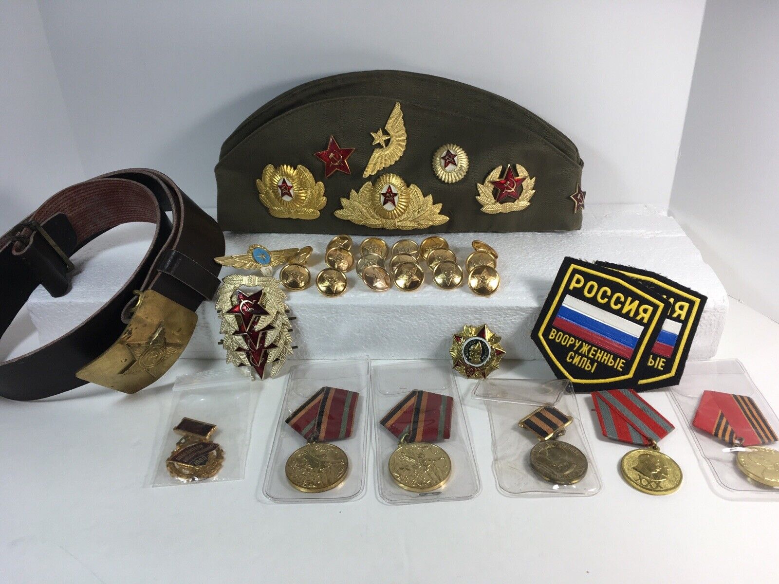 Lot Of Russian Military Memorabilia hat, medals, patches, military buttons etc