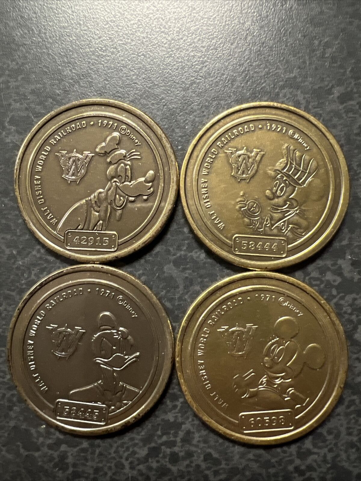 Walt Disney World Railroad Medallion Coin Set Mickey, Donald, Goofy