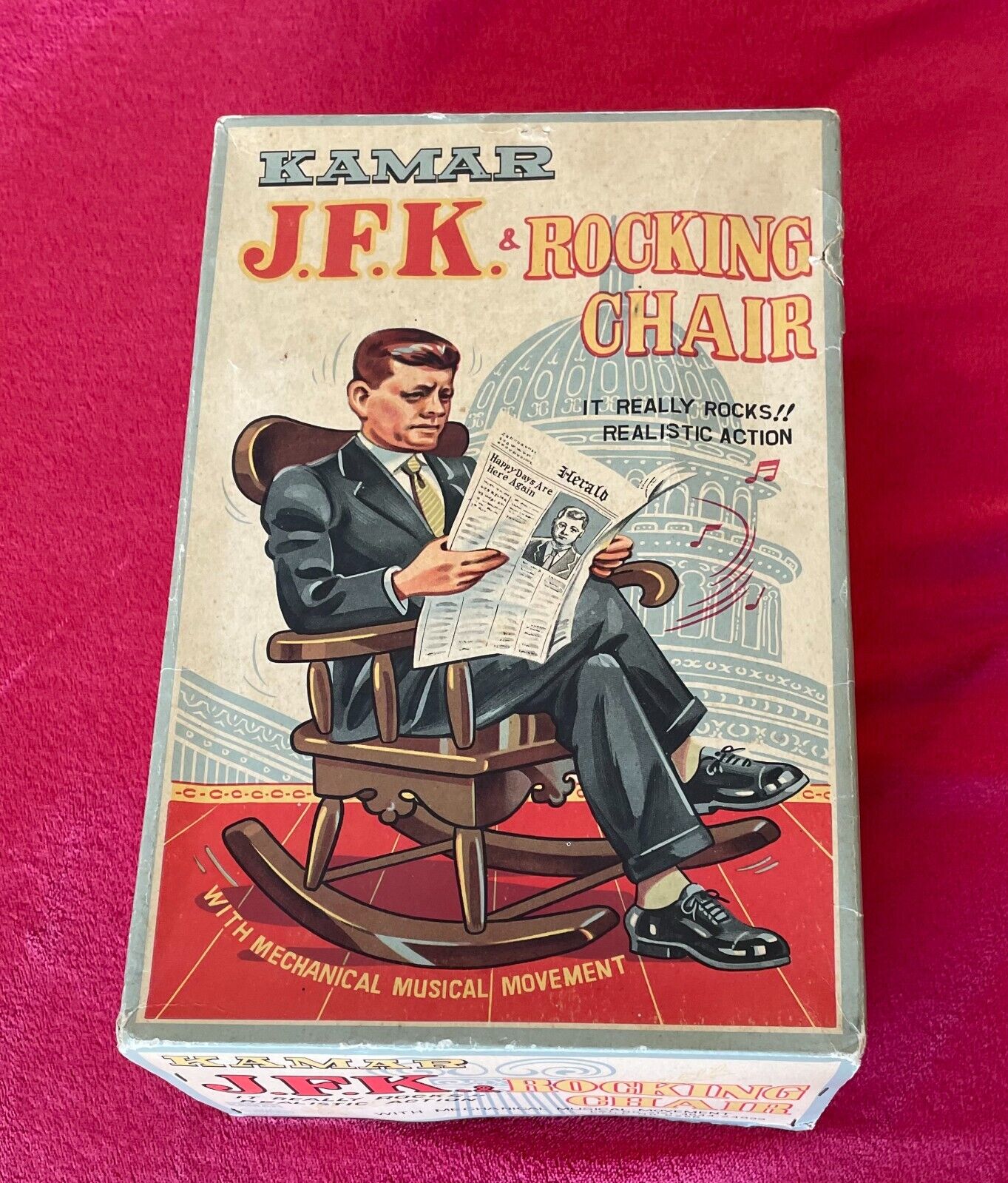 JOHN F. KENNEDY & ROCKING CHAIR & BOX - MUSICAL MOVEMENT by KAMAR 1963