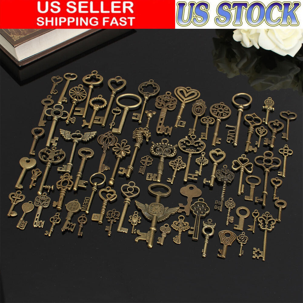 69PCS Vintage Large Skeleton Keys Antique Old Bronze Crown Bow Pendants US STOCK