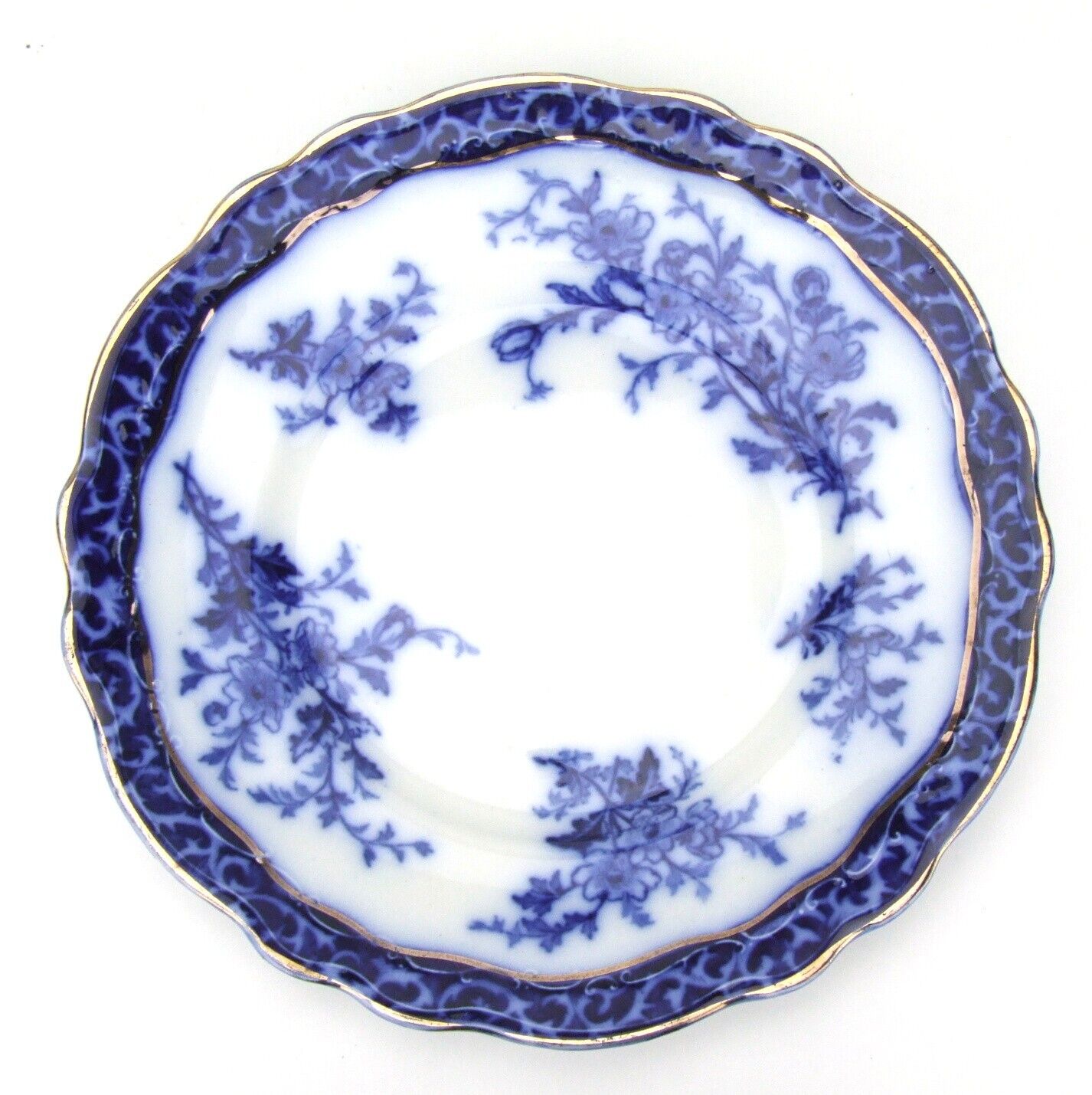 Henry Alcock Touraine Flow Blue Luncheon Salad Plate 8 5/8 in Gold Trim
