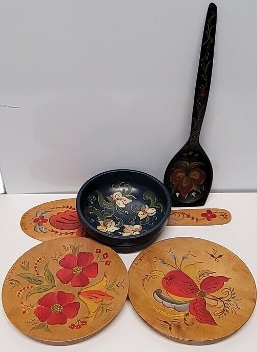 1979 Vintage Wooden Bowl, Spoon, Hand Painted  Paddle, Plates Floral