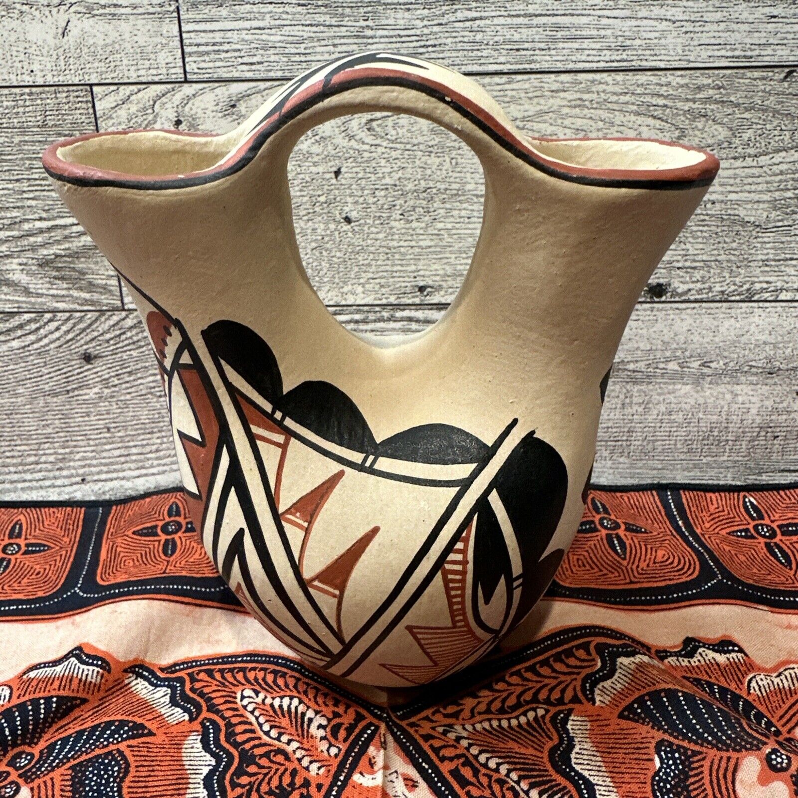 JEMEZ Clay Hand Painted Pueblo Wedding Vase 5” w/ 12” Handkerchief Vintage