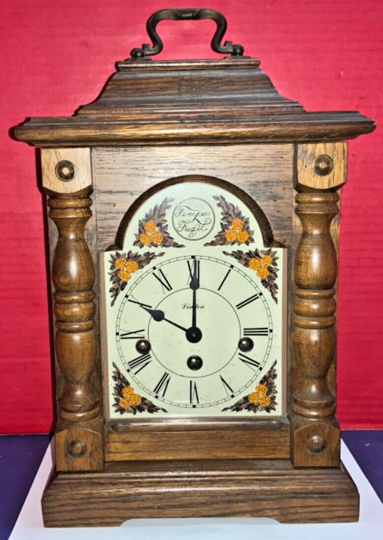 Vintage Linden Painted Dial Oak Bracket Clock - AS IS - PARTS/REPAIR/DISPLAY