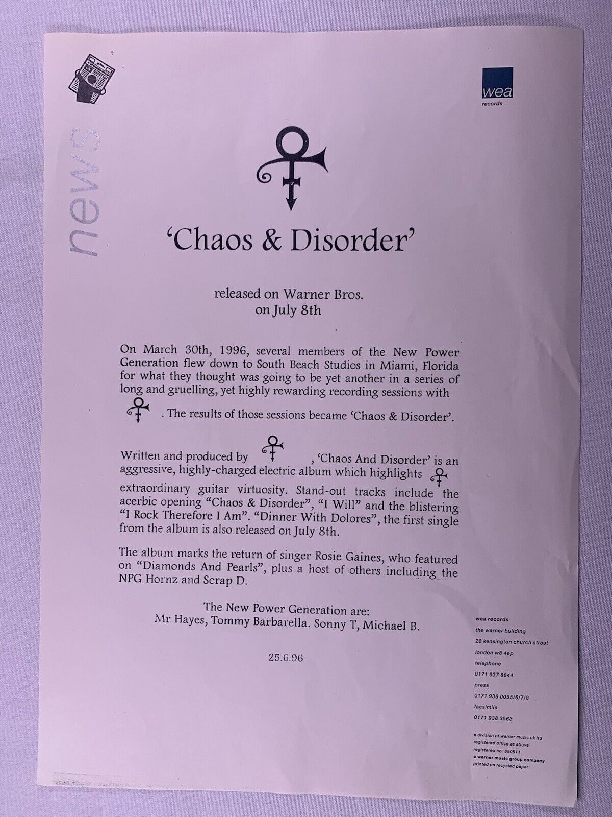 Prince Press Release Original Wea Records Chaos And Order 1996