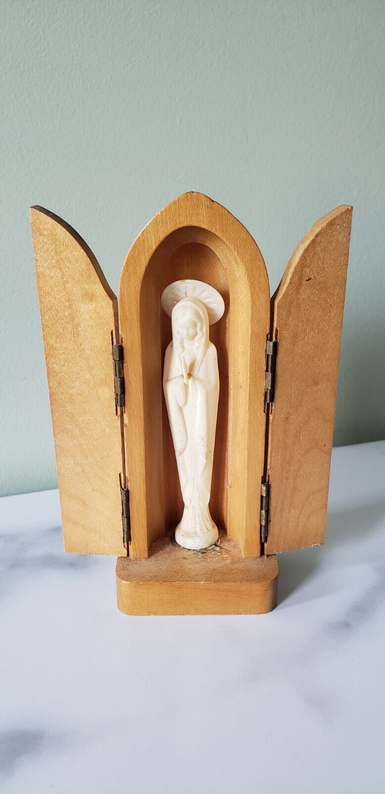 Vintage Small Triptych Carved Wood Bullet Style Madonna
