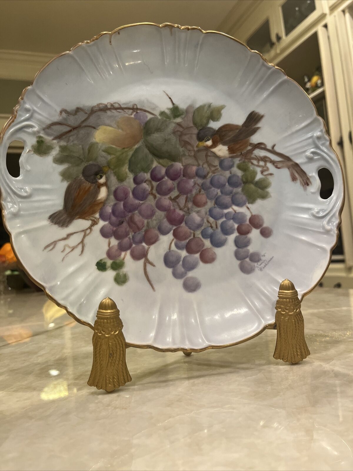 RARE FIND Limoges -  large plate, artist signed, combination of fruit and birds