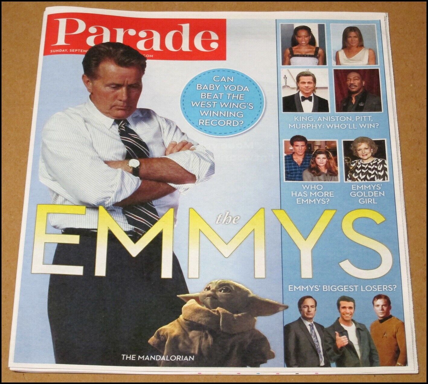 9/20/2020 Parade Newspaper The Emmys Martin Sheen Baby Yoda Brad Pitt Aniston