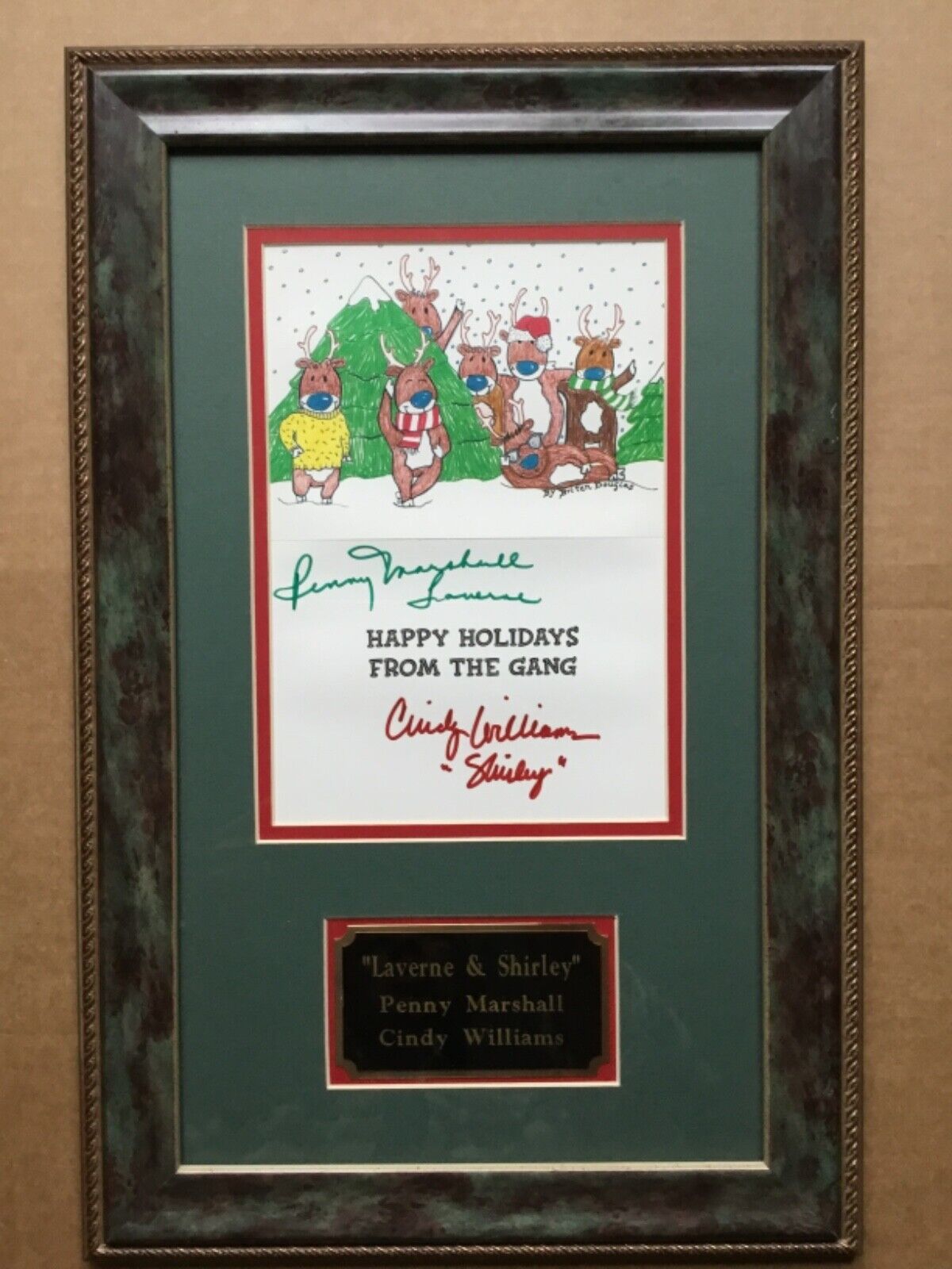 Laverne & Shirley In-Person Signed by Marshall & Williams Christmas Card, Framed