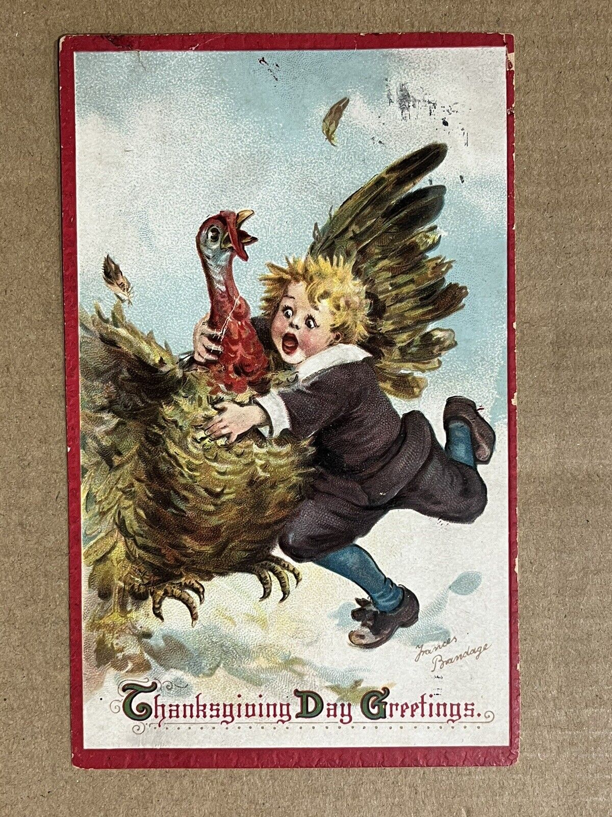 Postcard Frances Brundage Thanksgiving Boy Child Catching Turkey Artist Signed