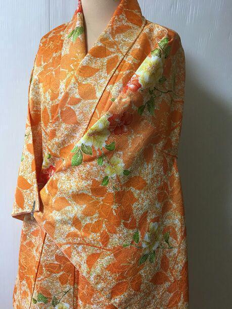 Japanese 25 Orange And Peony Small Pattern Kimono With Sewing Thread