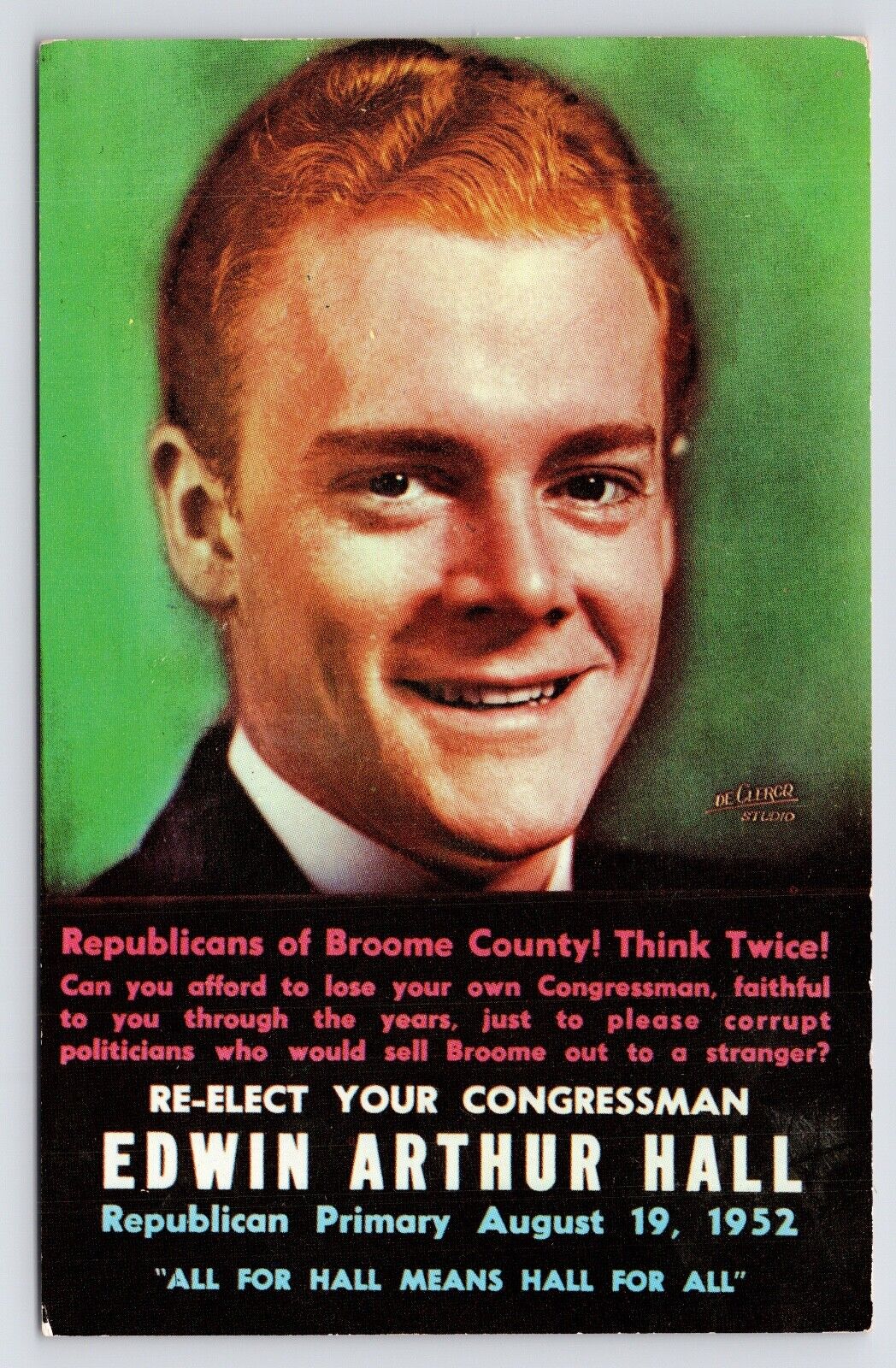 1952~Edwin Hall~Republican Congressman~Campaign~Broome County NY~VTG Postcard