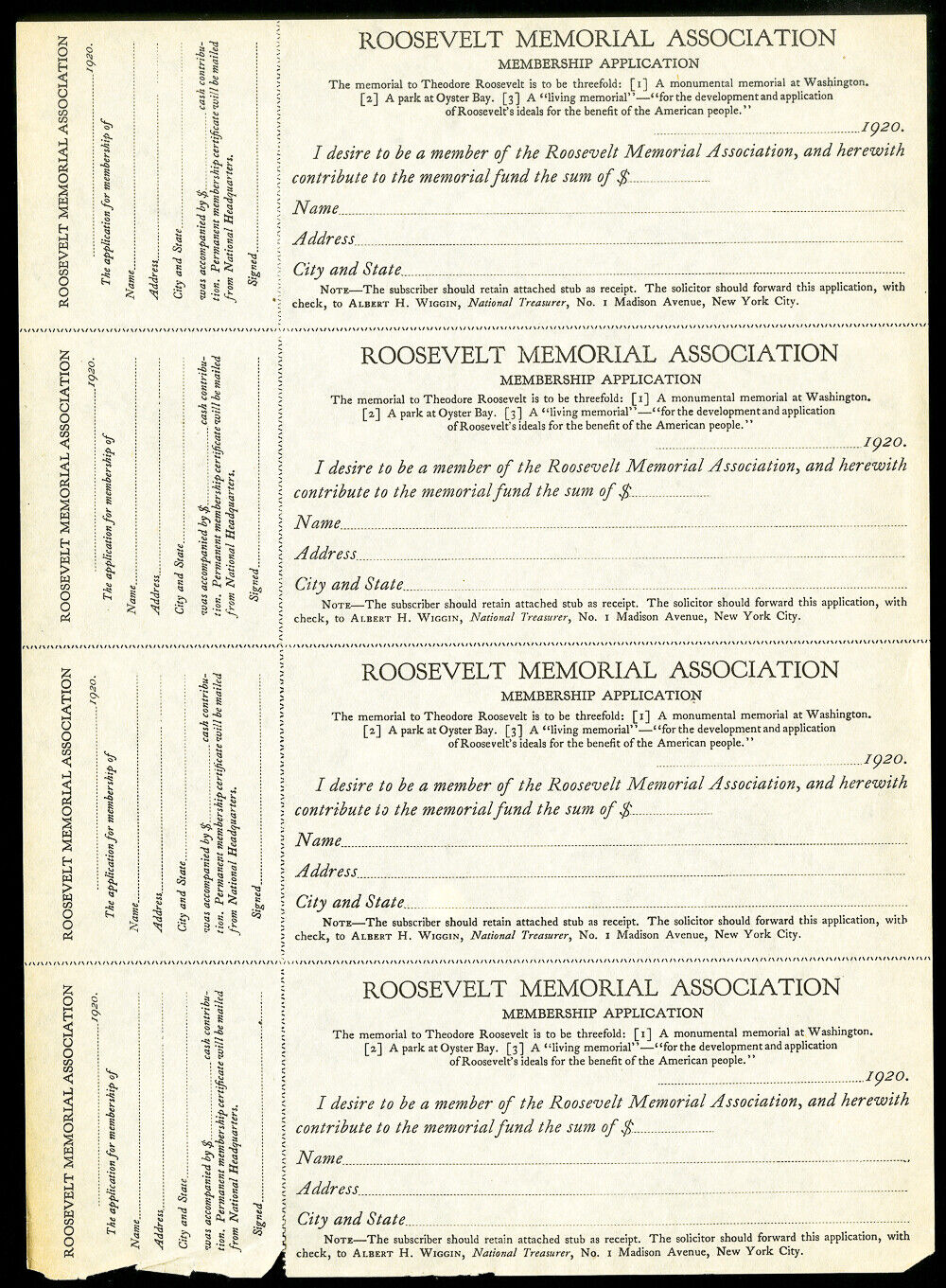 US Rare 1920 Roosevelt Memorial Association Membership Application