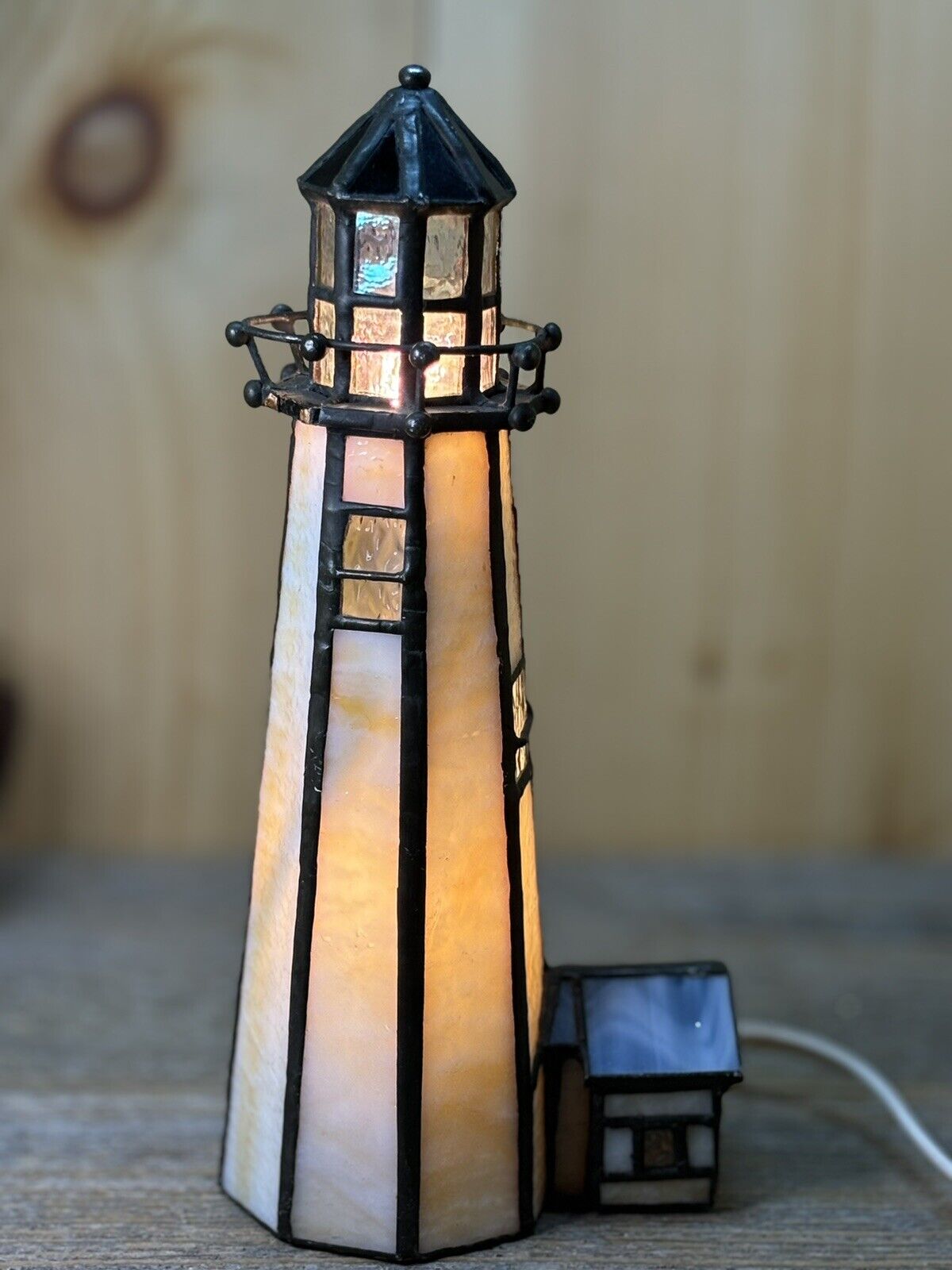 Beautiful LIT STAINED GLASS  lighthouse WITH iridescent Glass On Top