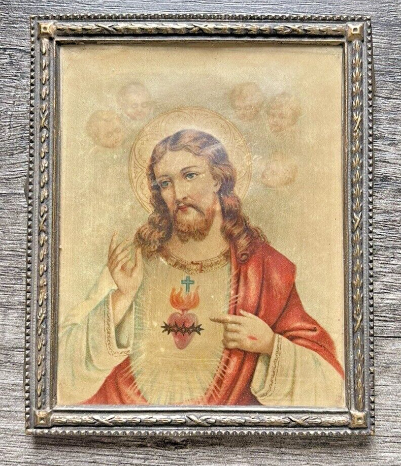Antique Vintage Heart Jesus Lithograph Small Frame Made in Germany RARE
