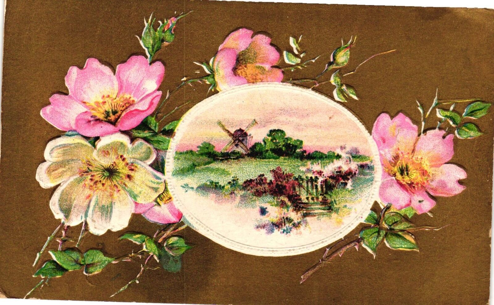 VTG EMBOSSED Postcard- PINK FLOWERS AROUND A COUNTRY SCENE 1910 UnPost