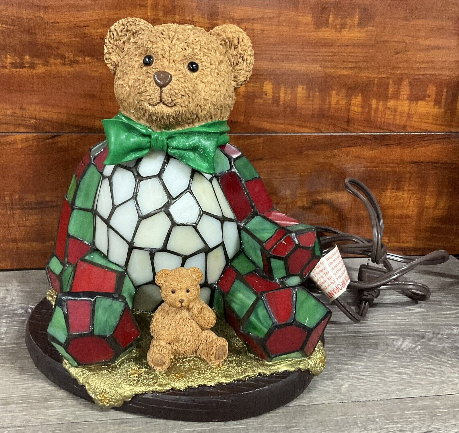 Vintage Stained Glass Christmas Teddy Bear Accent Lamp Night Light Tested Works