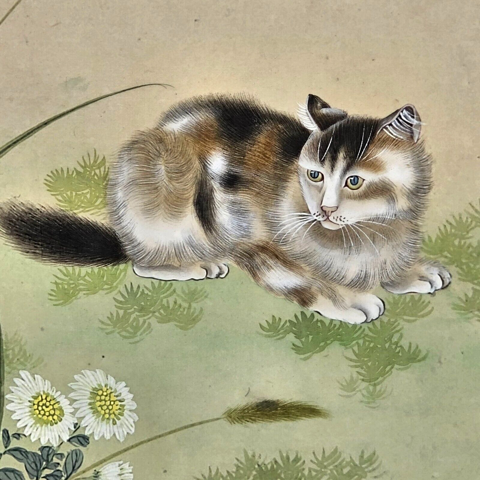 Japanese Ni Honga Style Cat Silk Painting Framed Japan Mid 20th Century