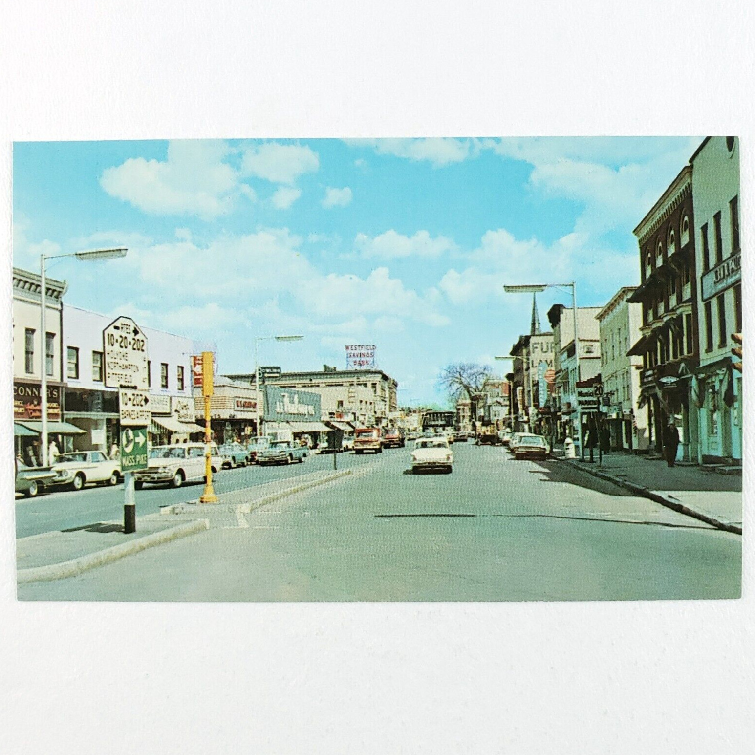 Elm Street Westfield Massachusetts Postcard 1960s Street Signs Old Cars MA A1667