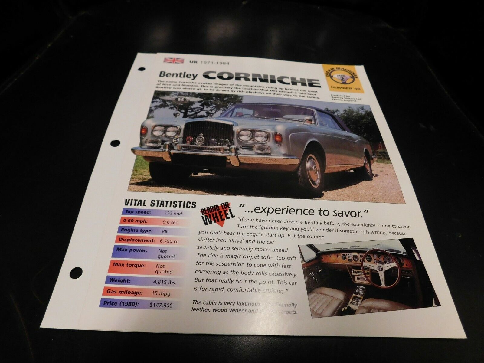 1971-1984 Bentley Corniche Spec Sheet Brochure Photo Poster 72 73 74 83 82 81 80