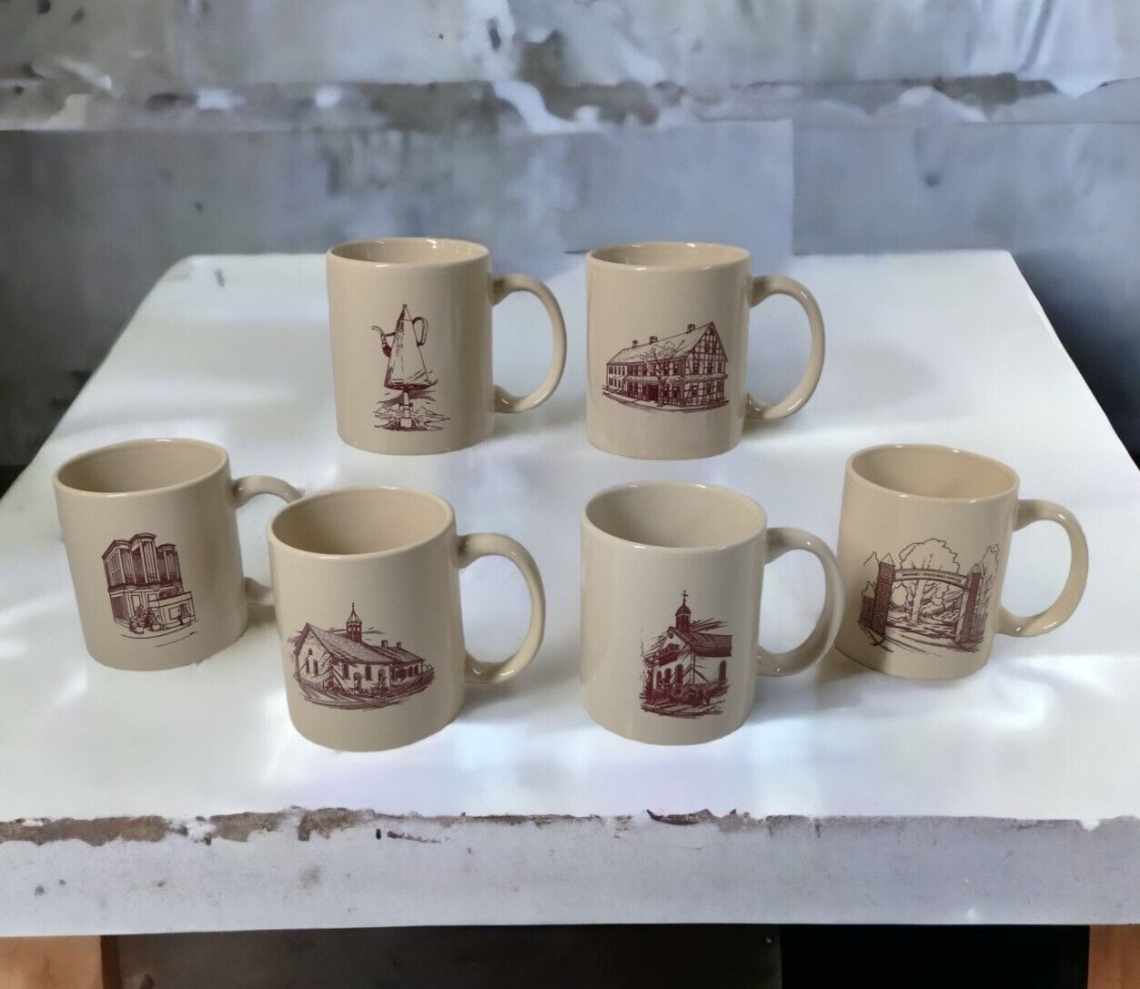 6 Coffee Mugs Old Salem Winston Salem Moravian History Decorative Mugs 10 oz VTG