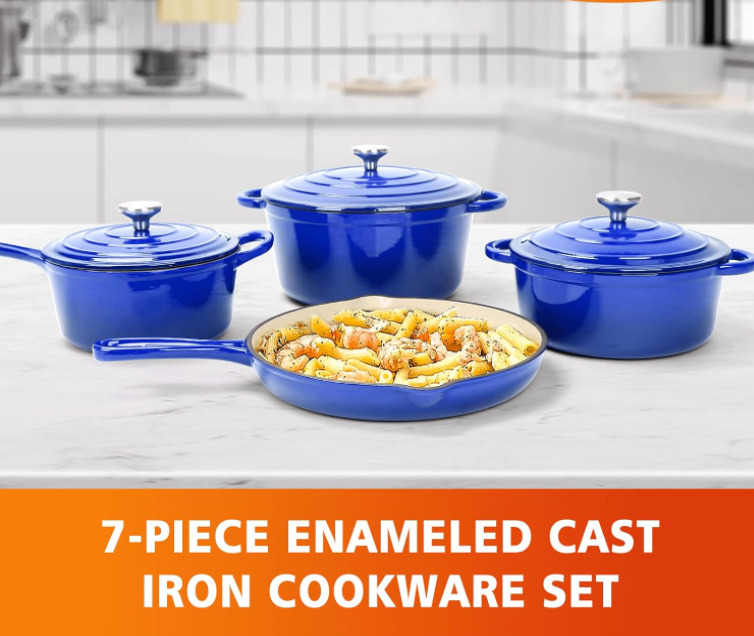 Enameled Cookware Set - 7 Piece Set of Dutch Ovens, Sauce Pan, Skillet, 3 Lids