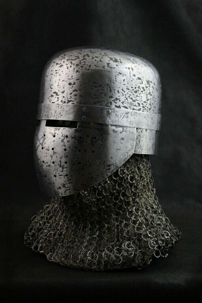 Hammered 14 Gauge Steel Medieval Knight Crusader Helmet With Chainmail