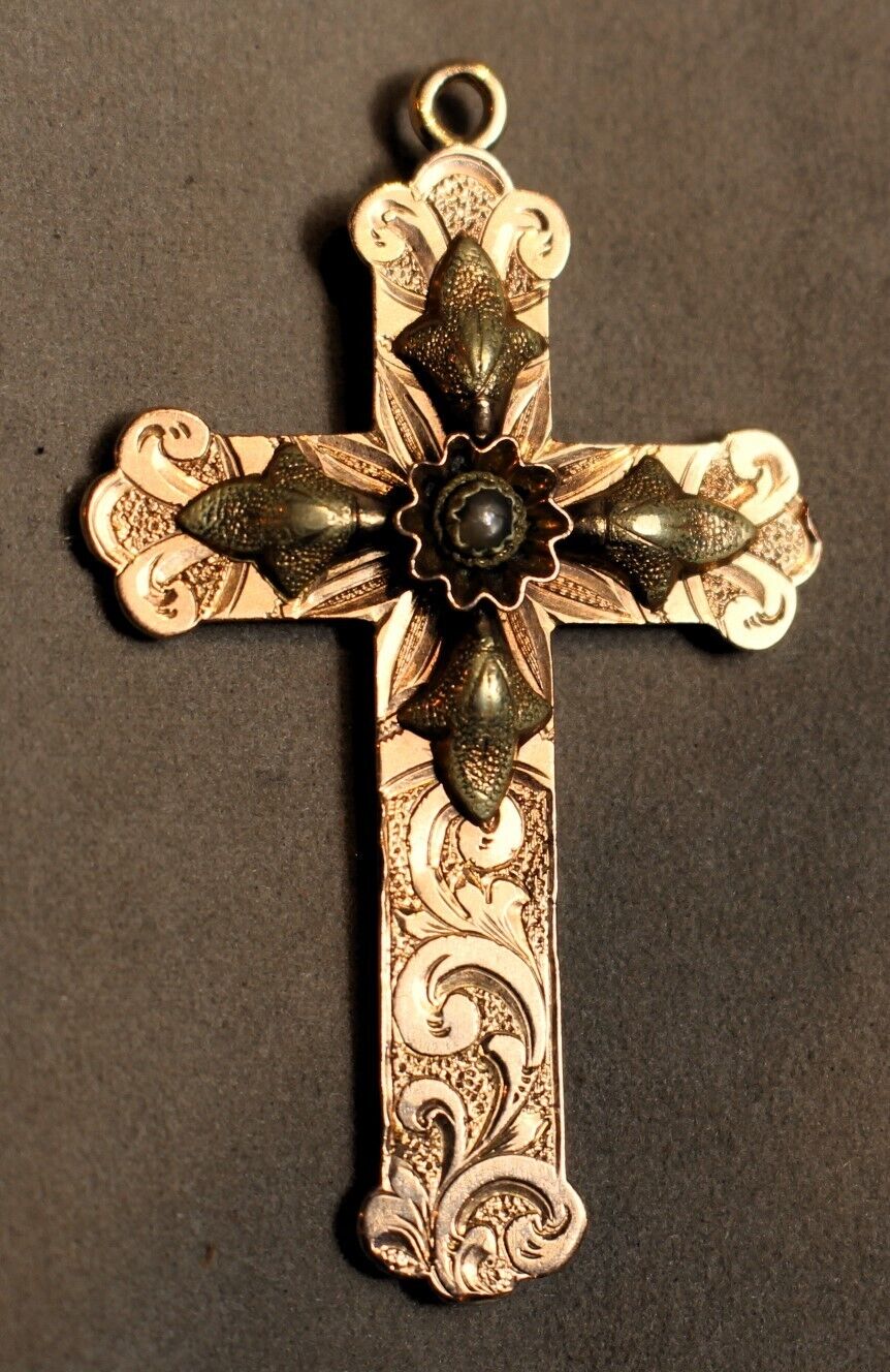 European 9K Two Toned Gold Engraved Crucifix set with Pearl or Moonstone c. 1885