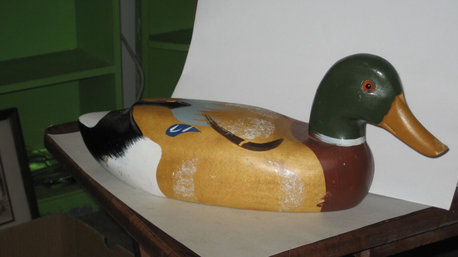 Wooden Mallard Duck Vtg Decor Hunting Hand Painted Glass Eyes Green MallardHead