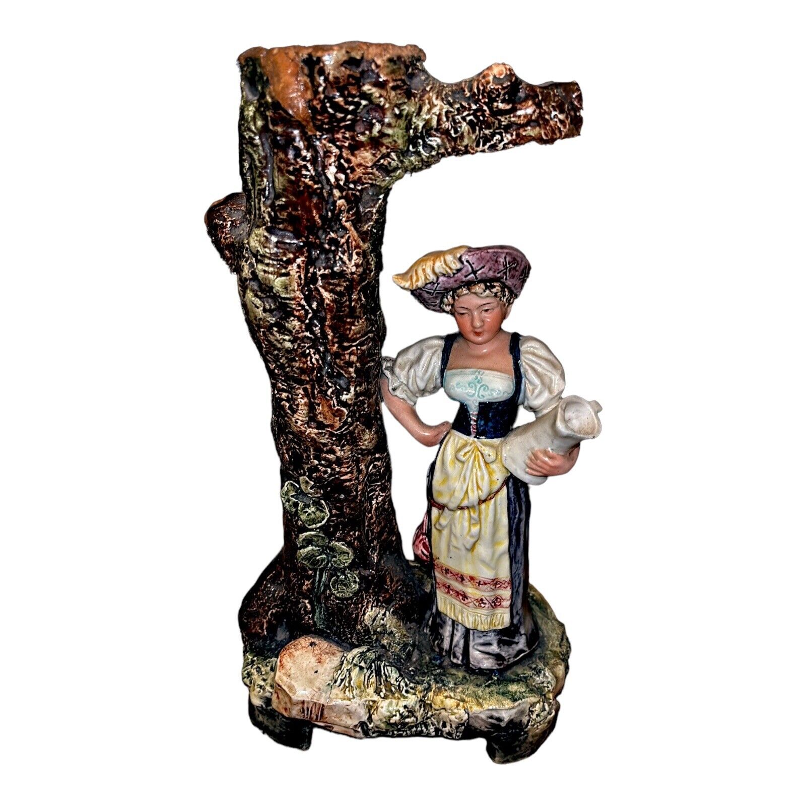 Antique Majolica Vase Woman Standing By Tree