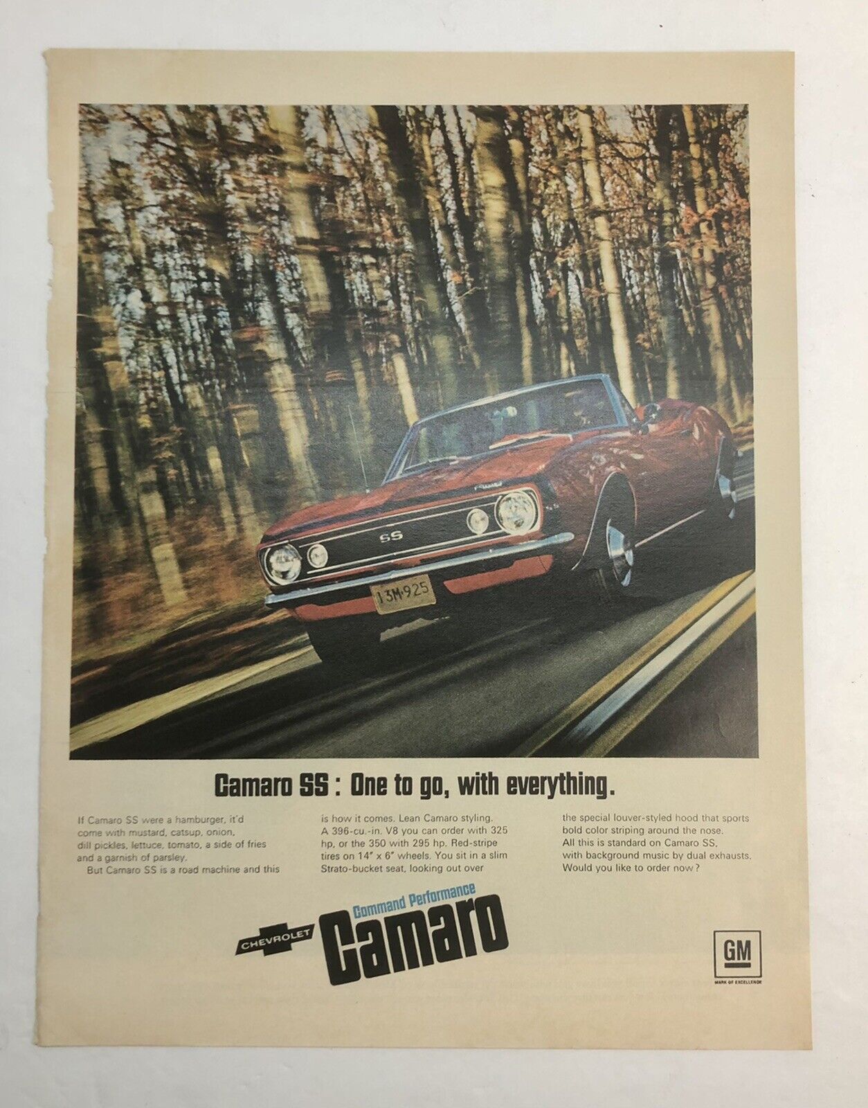 1967 Chevrolet Camaro SS Magazine Big Print Ad Poster Photo 10x13 Red 67 - READ