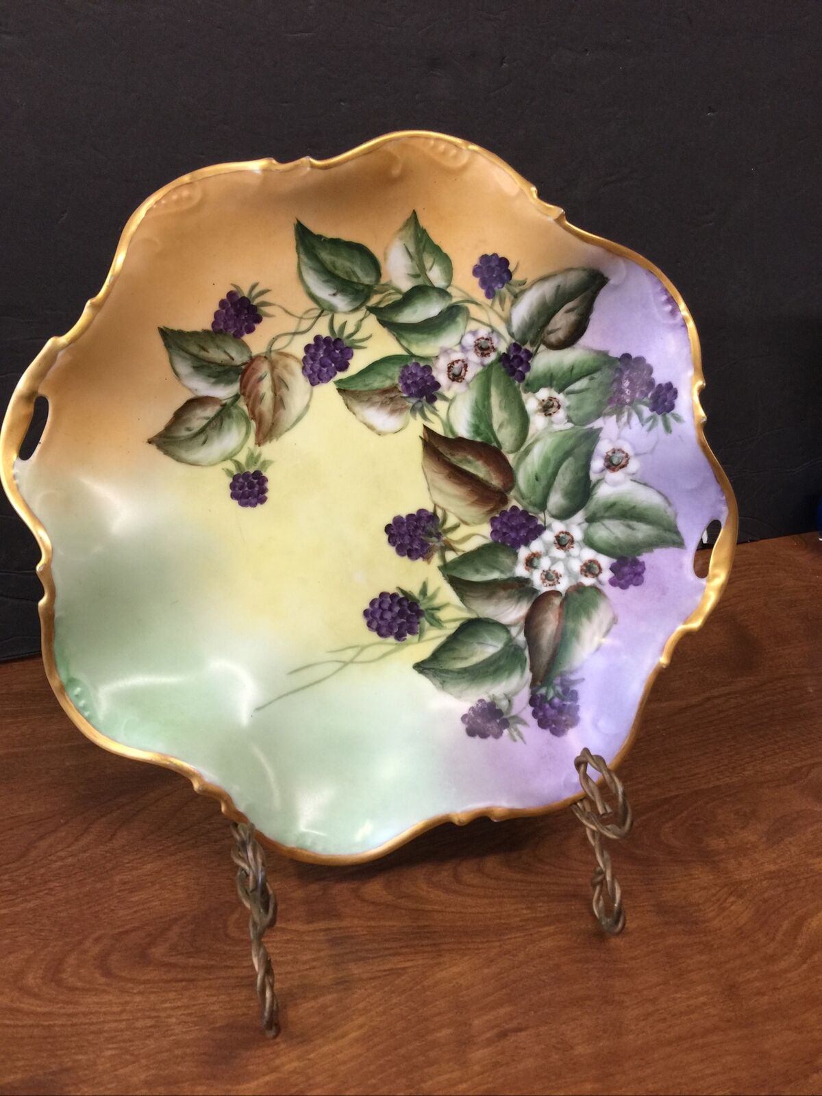 vintage antique German artist sign Gilded Hand Painted Floral purple bowl Dish 