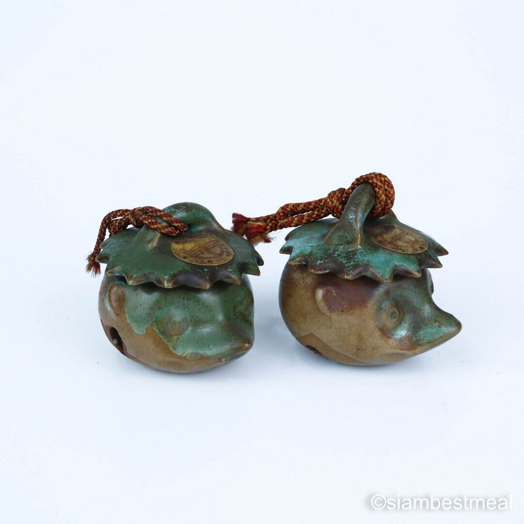 2x Vtg Japanese Clay Bell Ceramic Vintage old Green Kappa Japanese Clay Om3inch