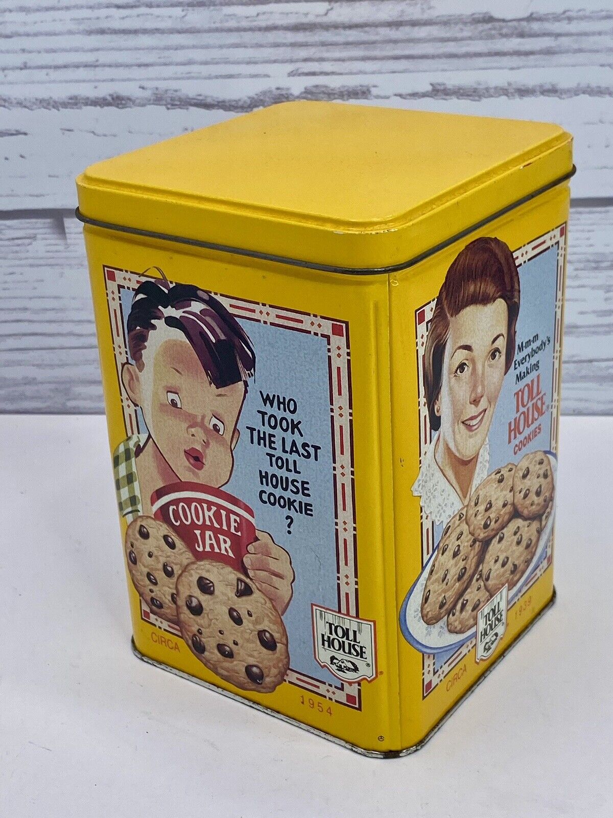 Vintage Yellow Nestle Toll House Tin 1939/1942/1954 with Military / Recipe REPRO