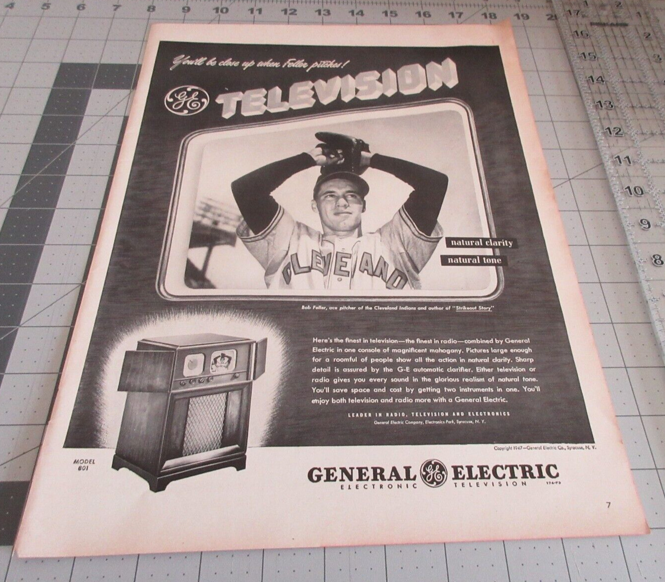 1947 General Electric Television, Bob Feller, Cleveland Indian Vintage Print Ad
