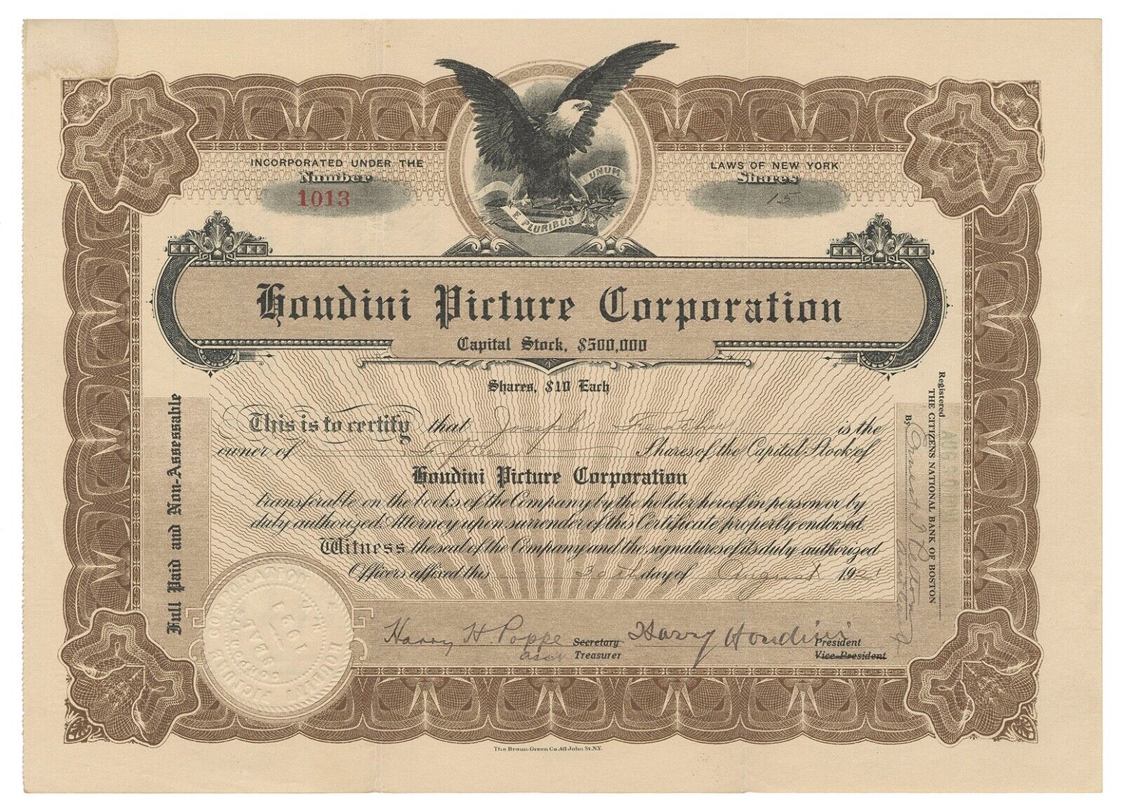 HARRY HOUDINI SIGNED STOCK CERTIFICATE w/ JSA *BEST AUTOGRAPH ON STOCK EXTANT*
