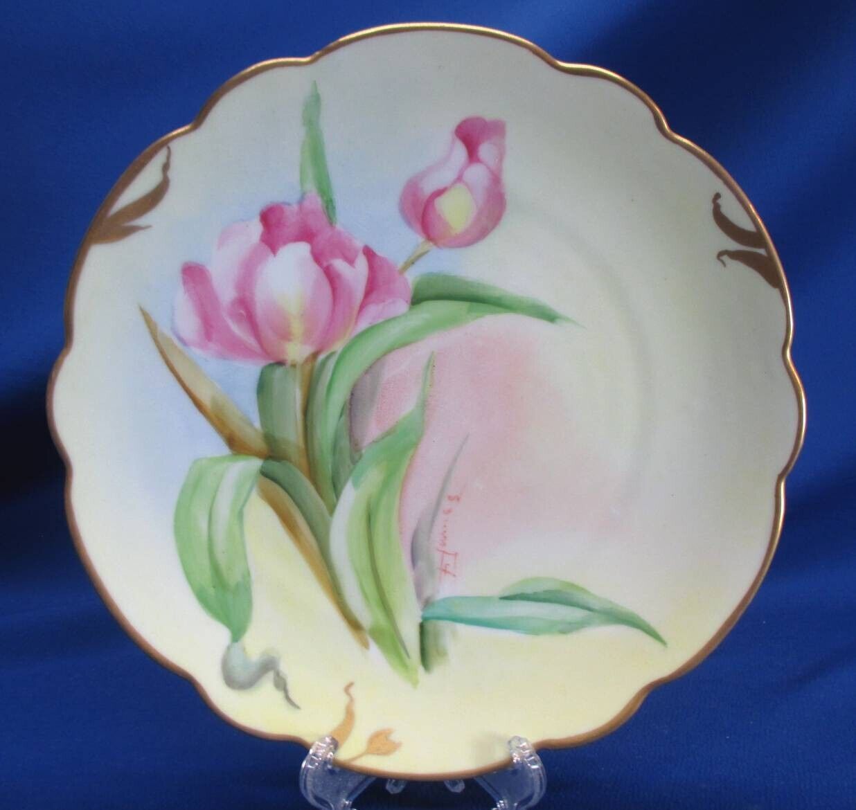 PICKARD HAND-PAINTED PINK TULIPS ARTIST SIGNED PLATE