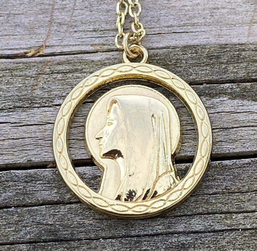 Mother Mary Madonna necklace gold tone